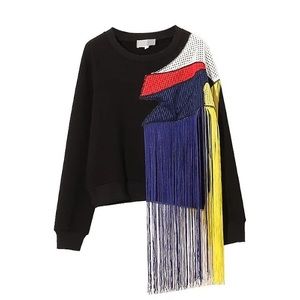 Black sweatshirt with patch and colorful tassels. Fits an extra small or small.